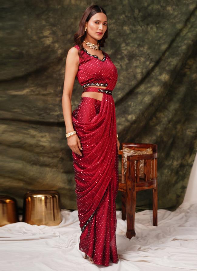 Silk Sattin Pink Party Wear Stone Work Ready To Wear Saree